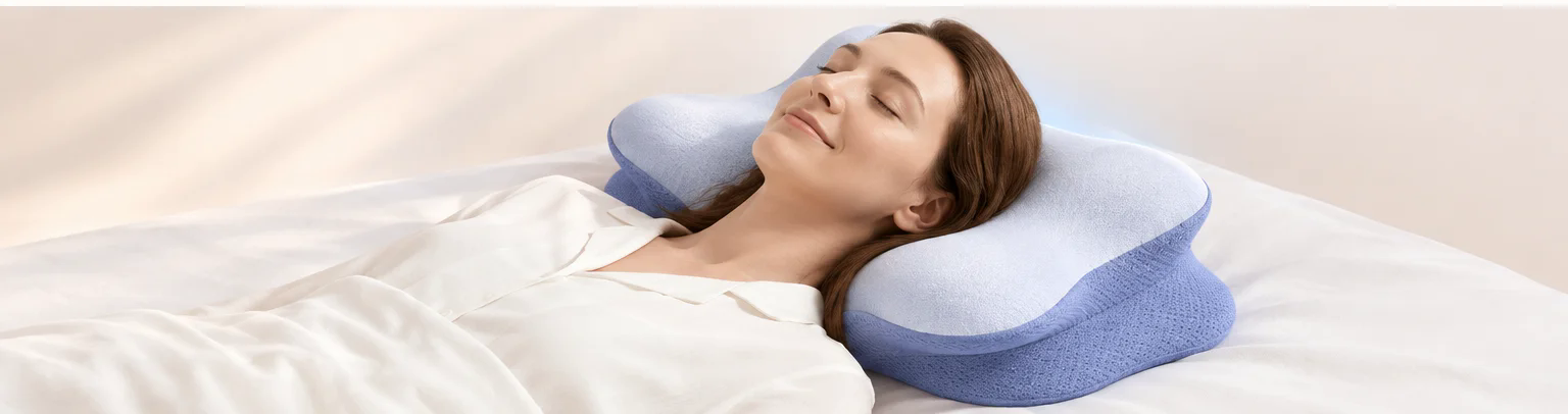 側睡於 Melara Apex Pillow 上的使用者，頸椎獲得完整支撐